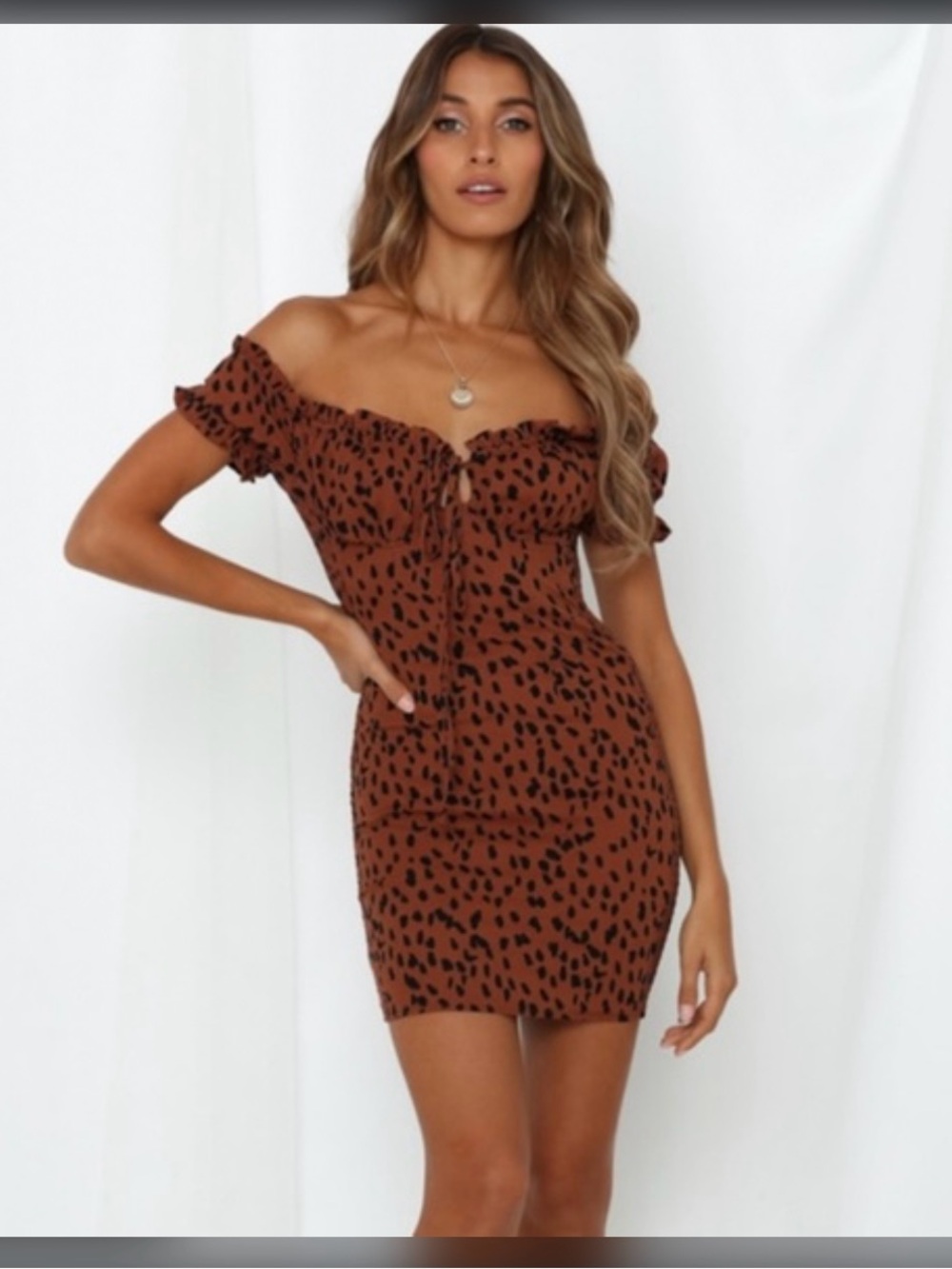 Princess Polly Brown Leopard Off-Shoulder Mini Dress